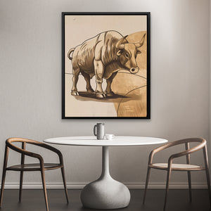 a picture of a rhino on a wall above a table