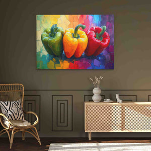 a painting of peppers on a wall in a living room