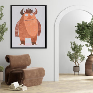 a living room with a chair, potted plant and a picture of a monster