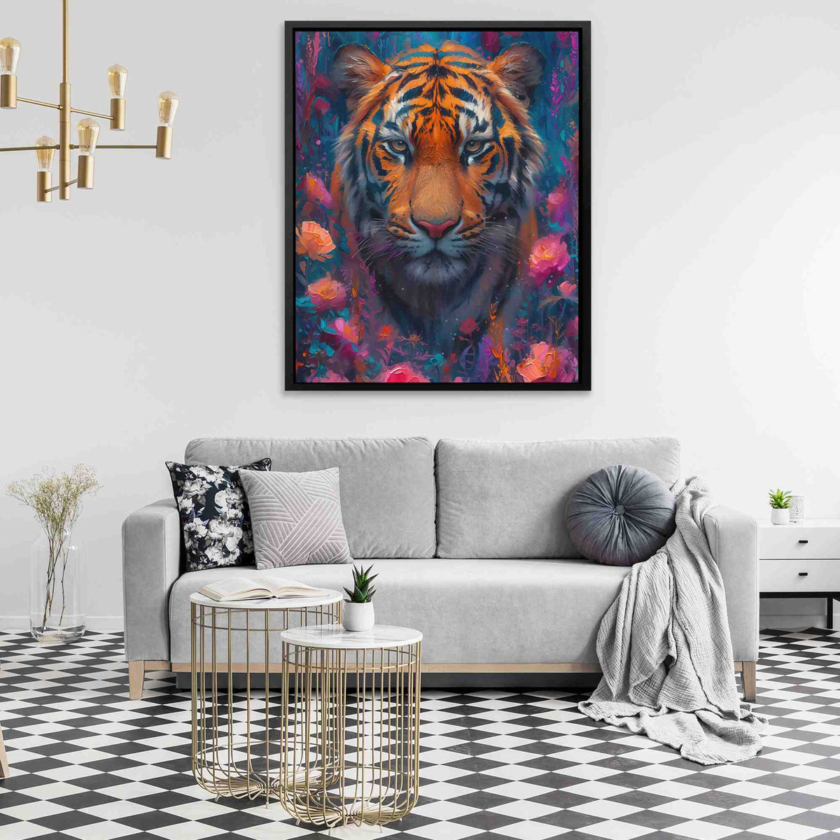 a living room with a couch and a painting on the wall