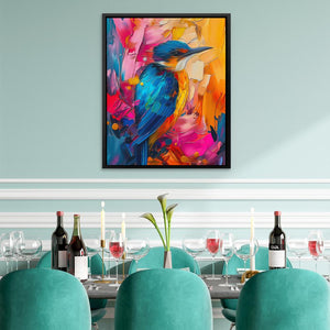 a painting of a colorful bird on a wall above a dining room table