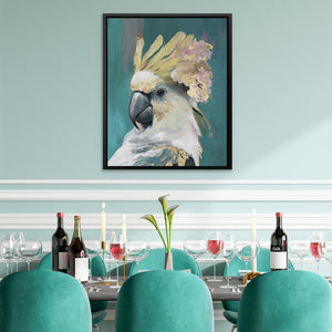 a painting of a parrot on a wall above a dining room table