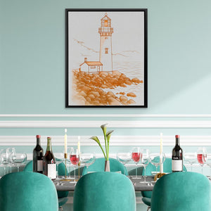 a picture of a lighthouse on the wall above a dining room table