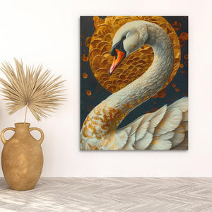 a painting of a swan on a wall next to a vase