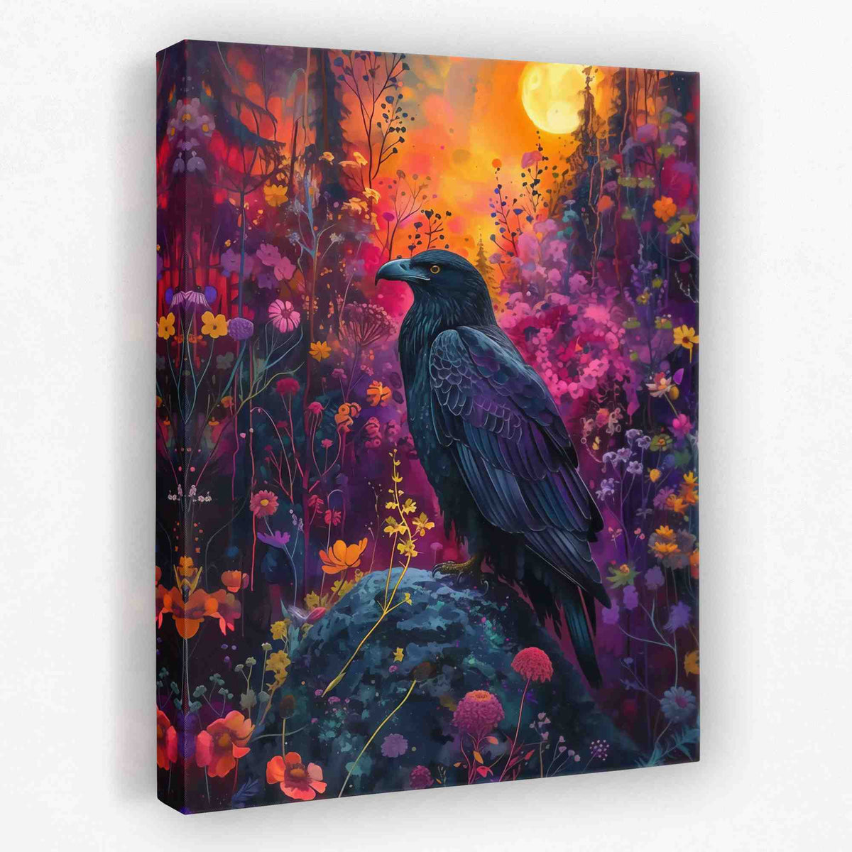 a painting of a black bird sitting on a rock