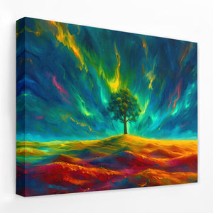 a painting of a tree in the middle of a field