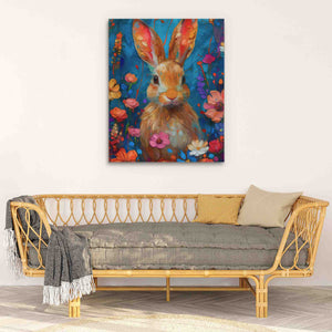 a painting of a rabbit on a wall above a couch