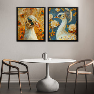 two paintings of peacocks on a wall above a table