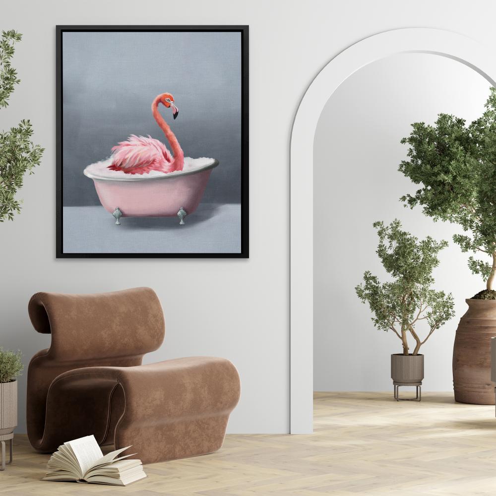 a painting of a pink flamingo in a bathtub