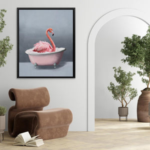 a pink bath tub with a pink flamingo in it