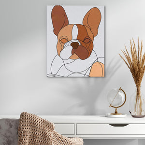 a painting of a brown and white dog on a white wall