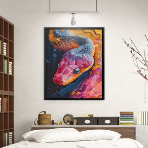 a painting of a snake on a wall above a bed