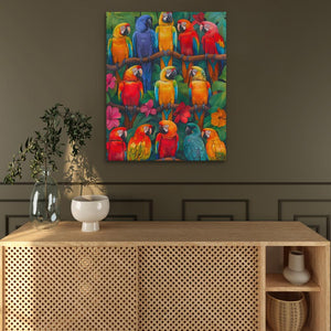 a painting of colorful parrots on a wall