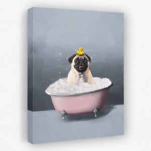 a painting of a pug in a bathtub with a rubber ducky on