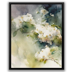 a painting of white flowers with green leaves