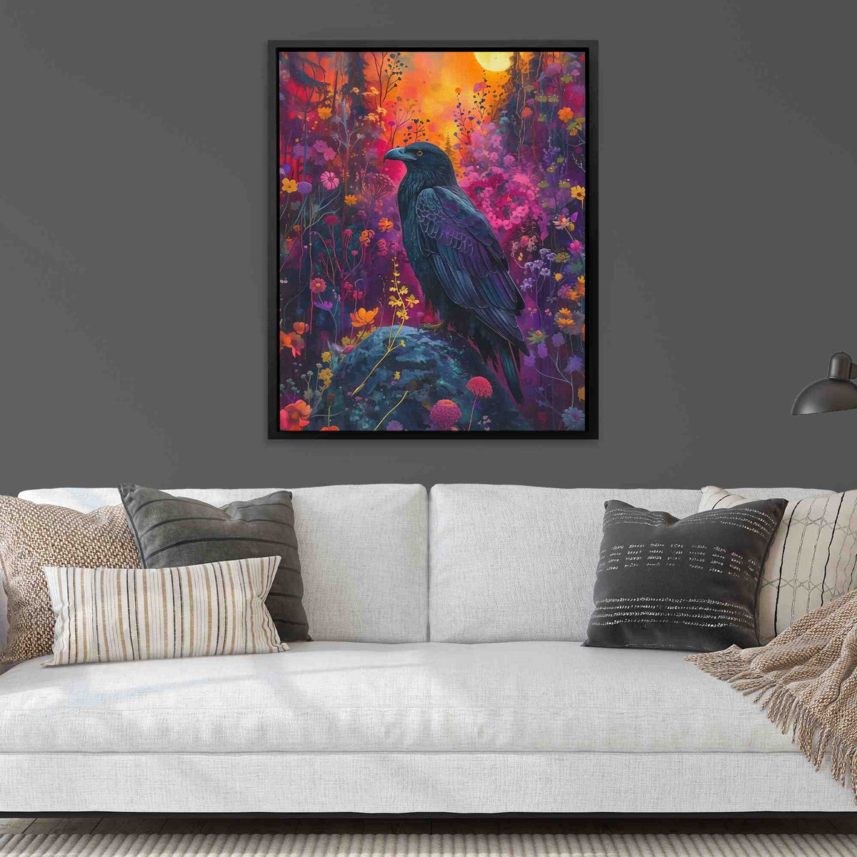 a living room with a couch and a painting on the wall