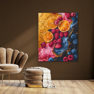 a painting of oranges, raspberries, and raspberries on a