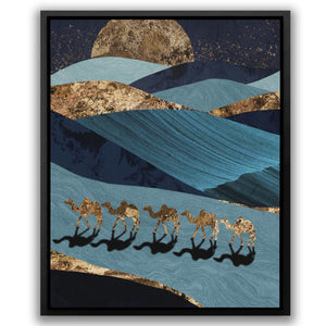 Sahara Stroll: Gold and Blue Desert Camel Art Print - Luxury Wall Art 