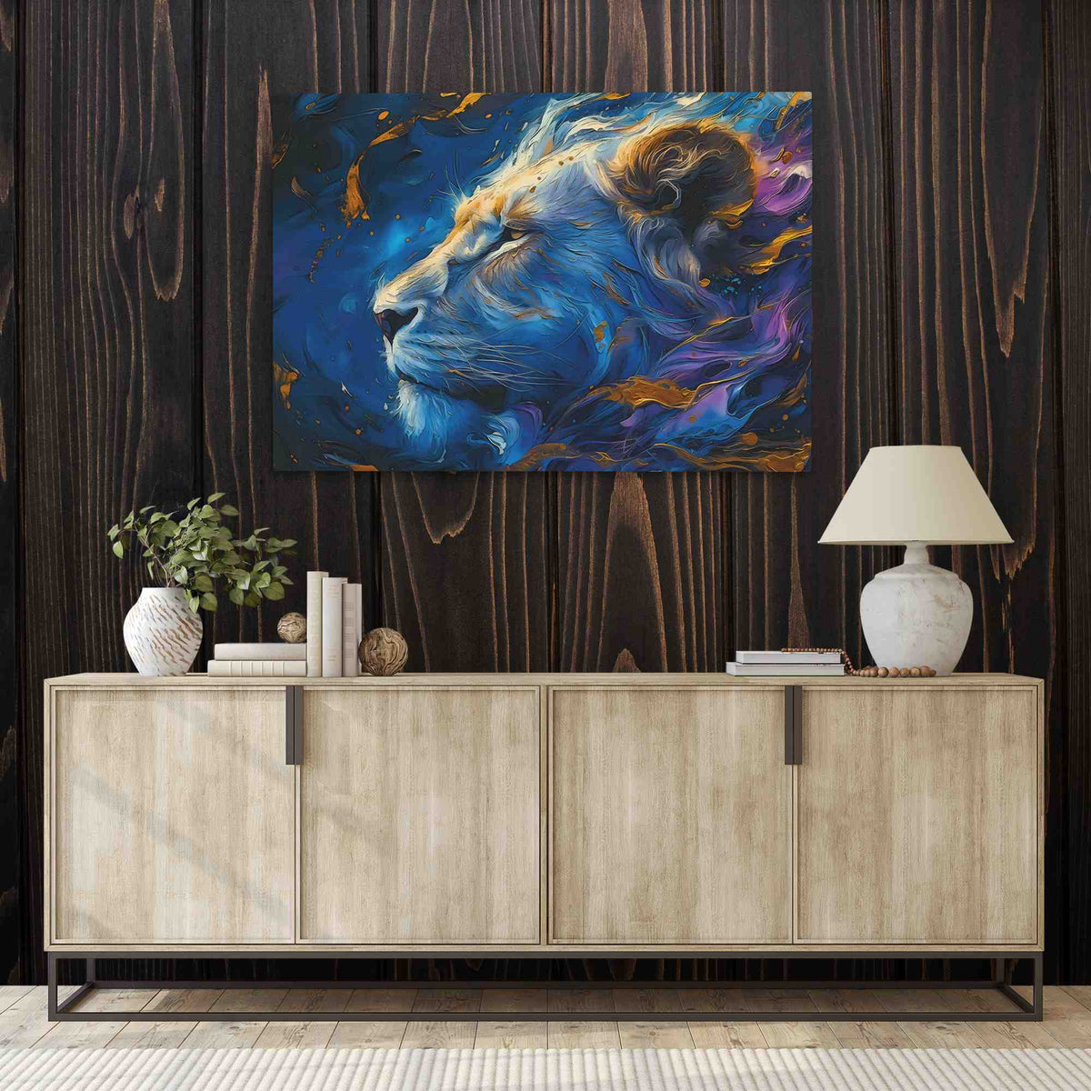 a painting of a lion on a wooden wall