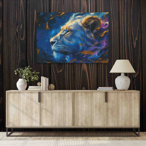 a painting of a lion on a wooden wall