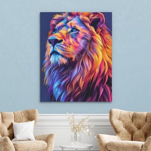 a living room with two chairs and a painting of a lion