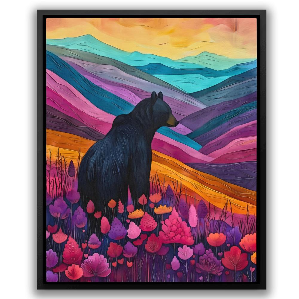 a painting of a bear in a field of flowers