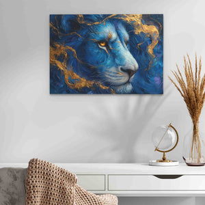 a painting of a blue lion on a wall