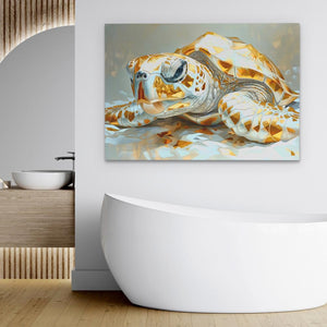 a painting of a turtle on a wall above a bathtub