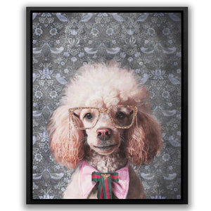 a poodle wearing glasses and a bow tie