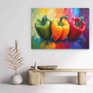 a painting of three peppers on a white wall