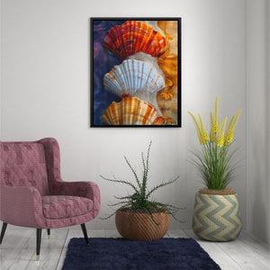 a painting of three seashells on a white wall