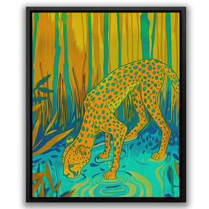 a painting of a cheetah drinking water