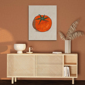 a painting of a tomato on a brown wall