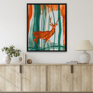 a painting of a deer standing in a forest