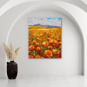 a painting of a field of orange flowers