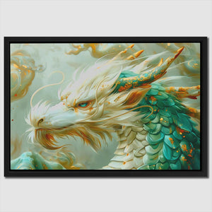 a painting of a white dragon with blue wings