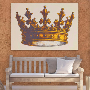 a painting of a crown on a wall above a bench