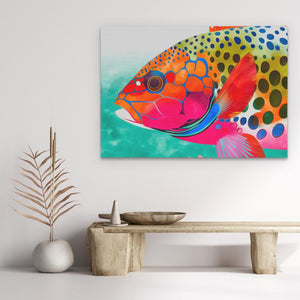 a painting of a colorful fish on a white wall