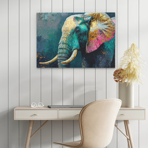 a painting of an elephant on a wall above a desk