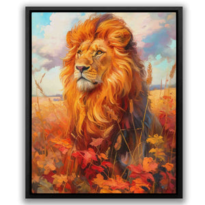 a painting of a lion in a field of flowers