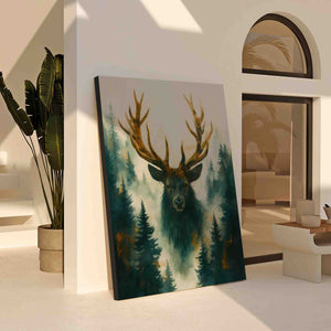 a painting of a deer is hanging on a wall