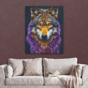 a living room with a couch and a painting of a wolf