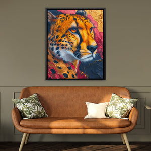 a painting of a cheetah on a wall above a couch