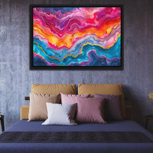 a bed with a painting on the wall above it