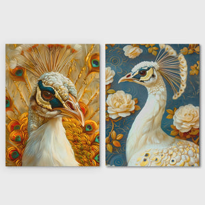 two paintings of peacocks on a blue background