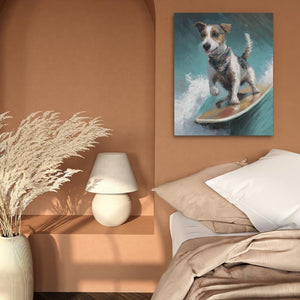 a painting of a dog riding a surfboard