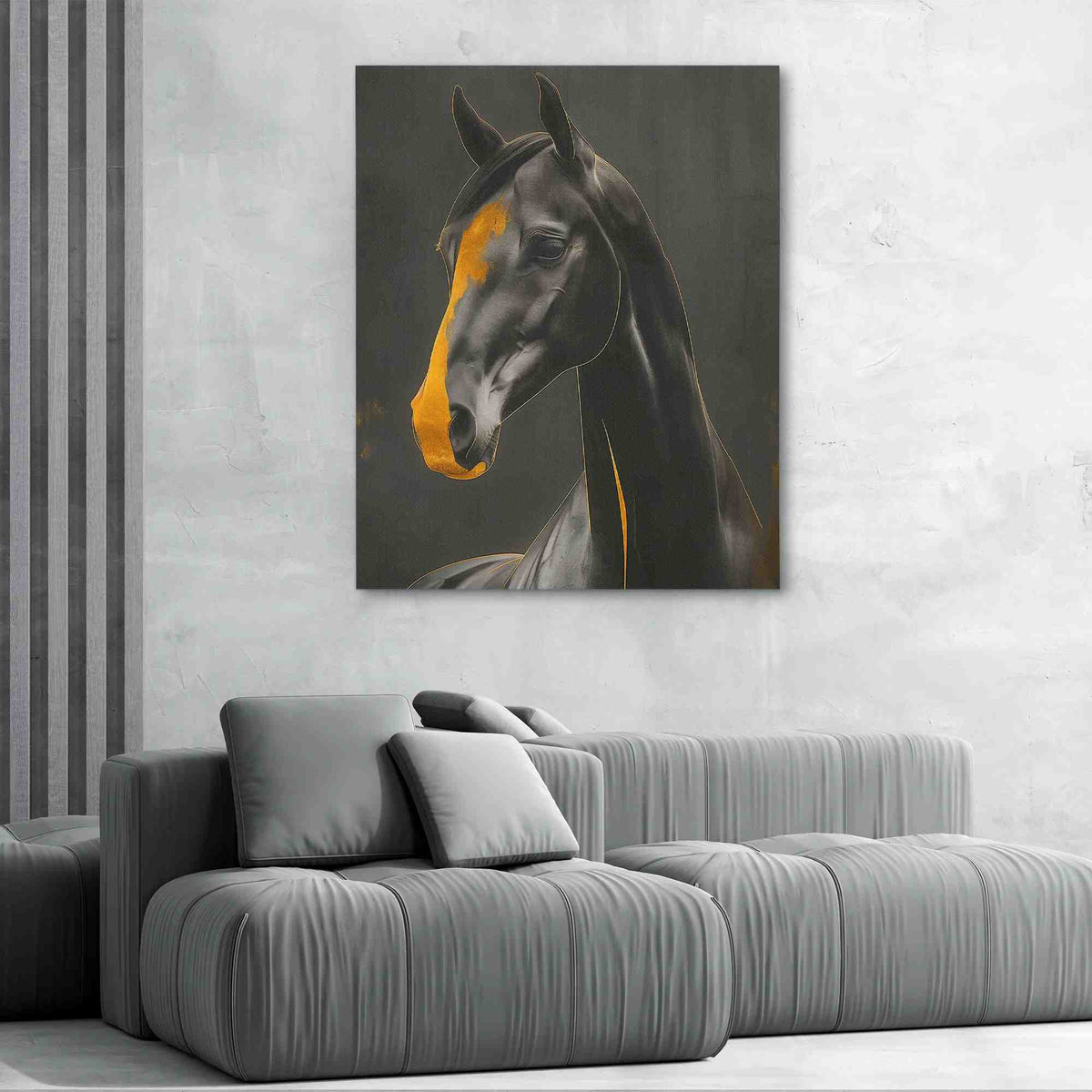 a painting of a horse on a wall above a couch