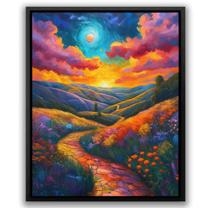 a painting of a sunset over a field