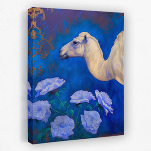 a painting of a camel in a field of blue flowers