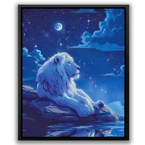 a painting of a white lion sitting on a rock